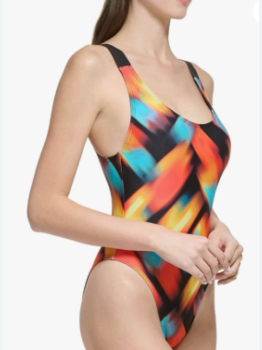 Calvin Klein Women's Printed Low-Back One-Piece Logo Swimsuit Size L Beach Pool